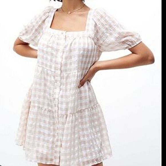 En Saison Value Mini Dress M White Rust Pink Gingham Puff Sleeve Tie Back Tiered - Picture 2 of 12